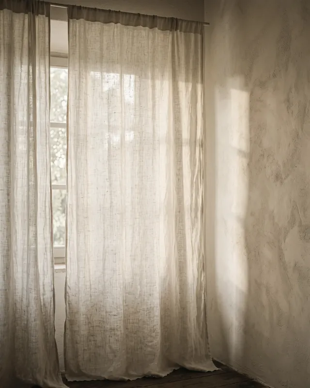Una finestra con tende di lino chiare e la luce che entra nella stanza dello studio